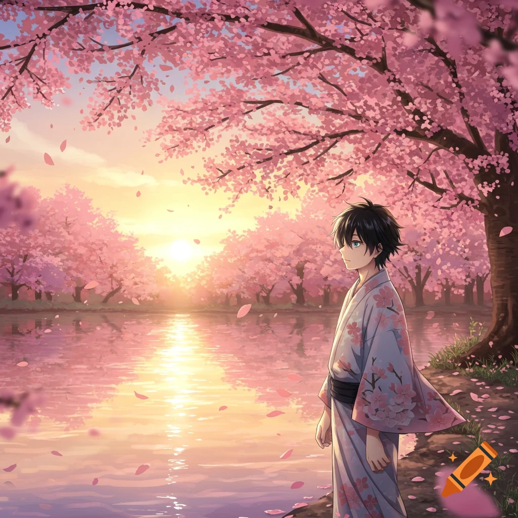 An anime boy in a kimono stands by a lake reflecting a sunset amidst abundant pink cherry blossoms.