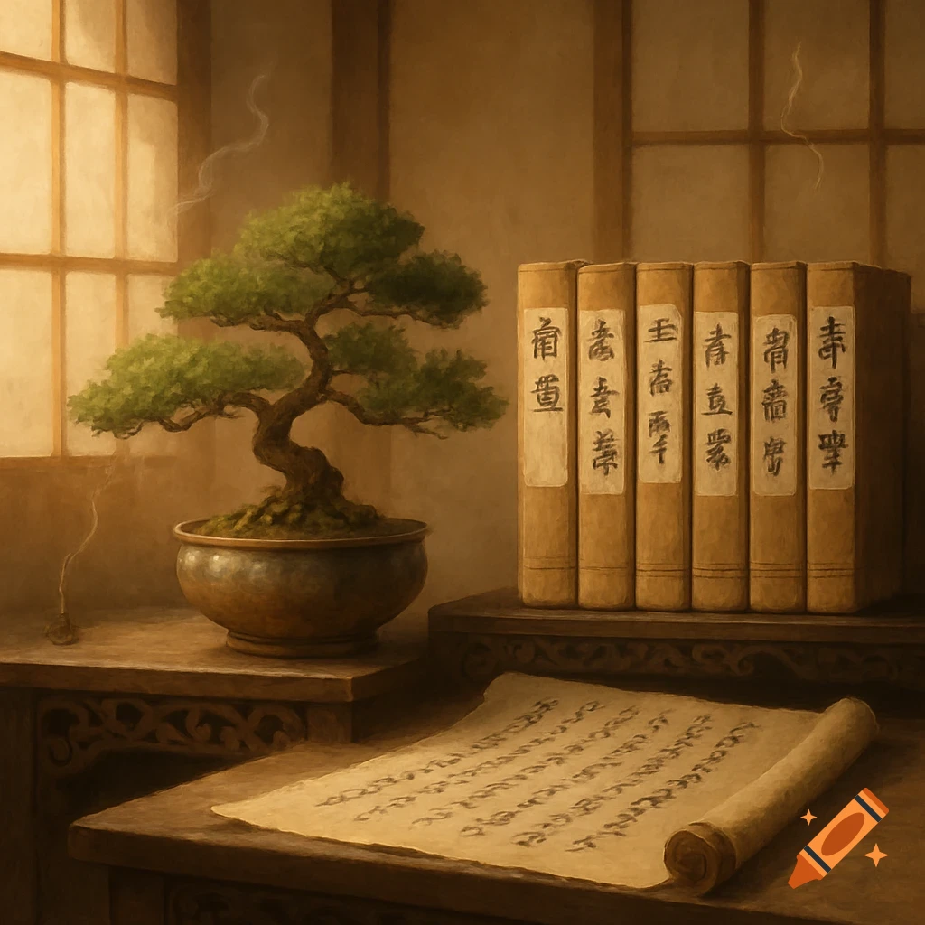 A painterly scene of a bonsai tree, a stack of old books, and a half-rolled scroll with writing on a wooden table in a traditional room.