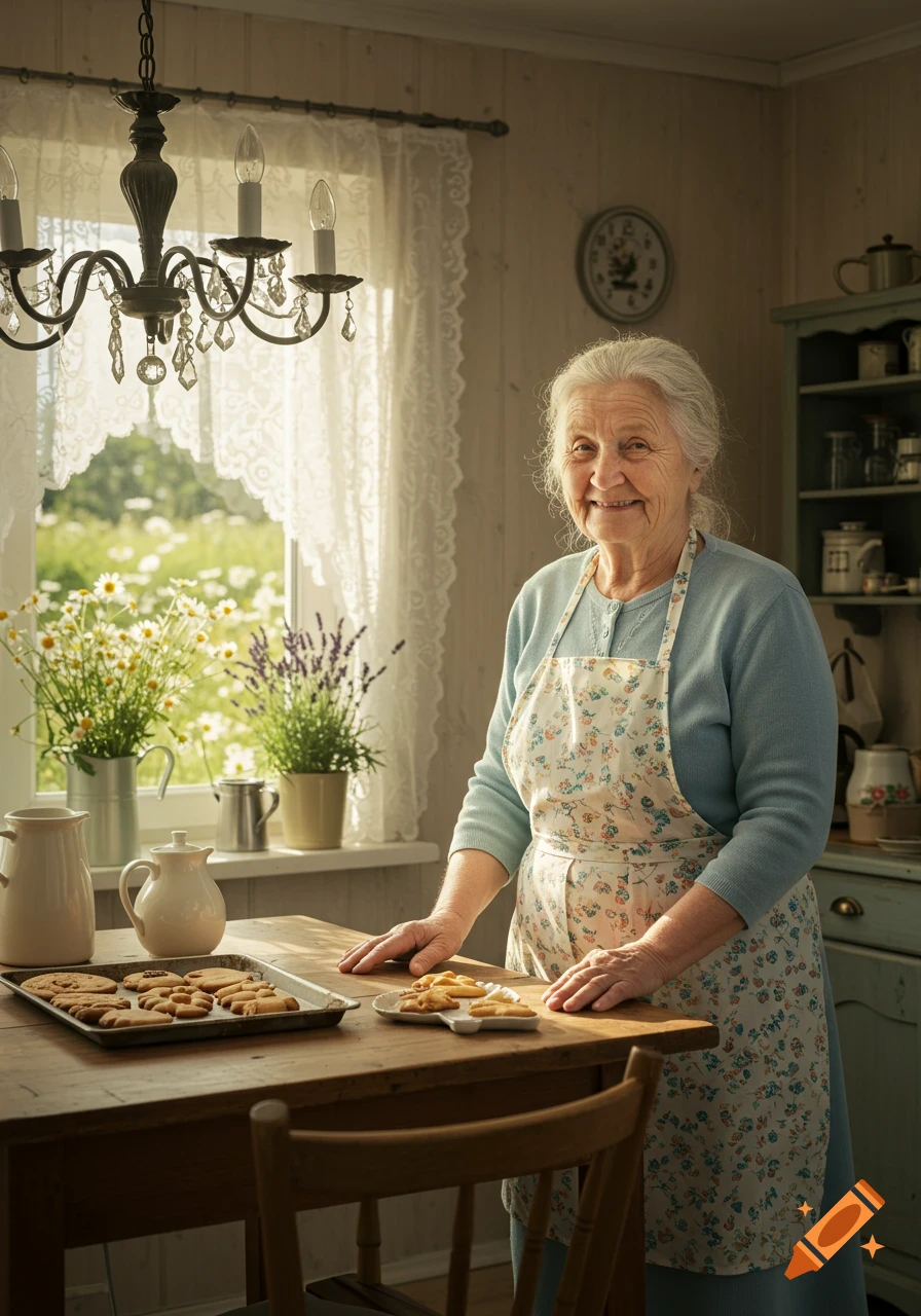 An elderly woman with white hair and an apron smiles in a cozy, sunlit kitchen with freshly baked cookies on a wooden table.
