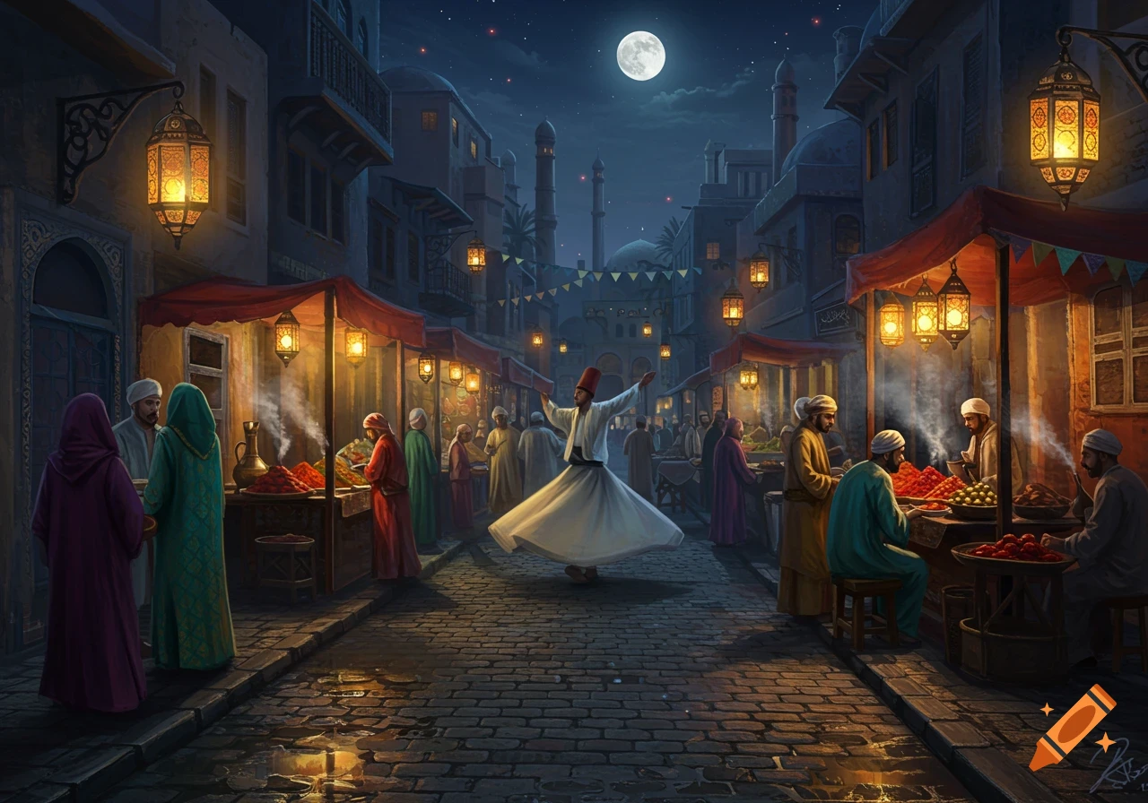 A vibrant night market scene under a full moon, with people shopping at stalls and a whirling dervish dancing in the street.