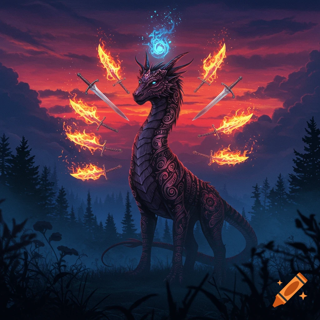 A stylized dragon with intricate patterns stands in a forest at dusk, surrounded by flaming swords and a glowing blue orb.