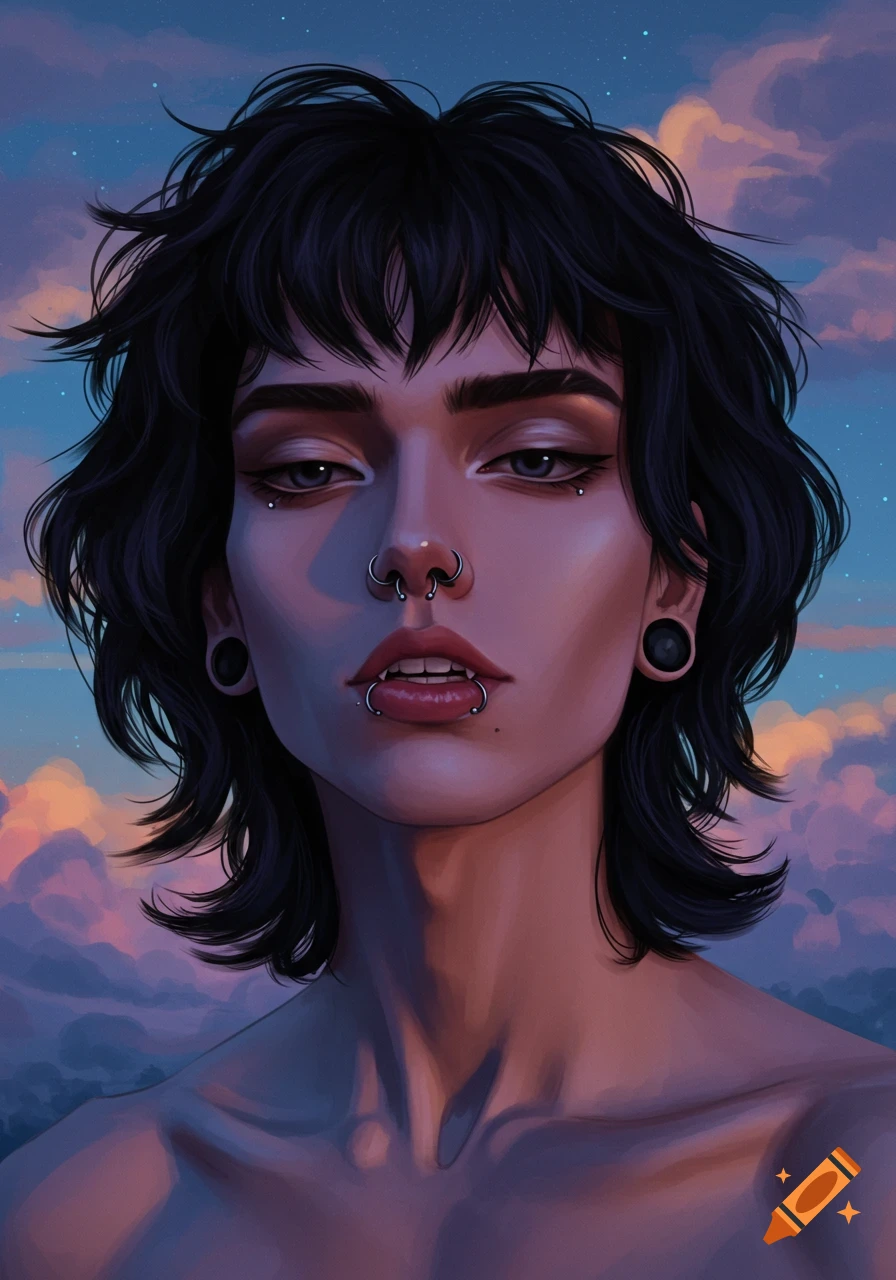 Digital portrait of a person with black shaggy hair, facial piercings, and ear gauges, against a dramatic sunset sky.