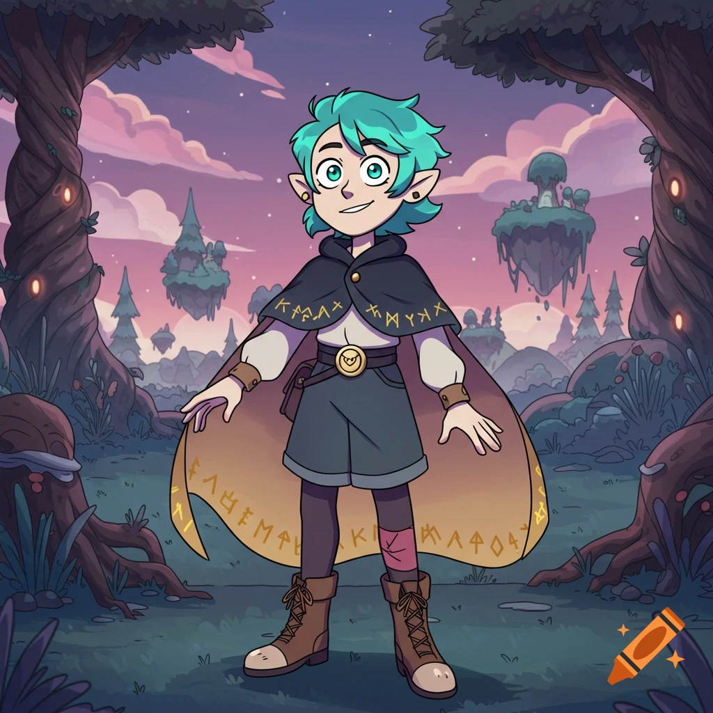 Animated character with teal hair and elf ears, wearing a runic cape, in a magical forest with floating islands.