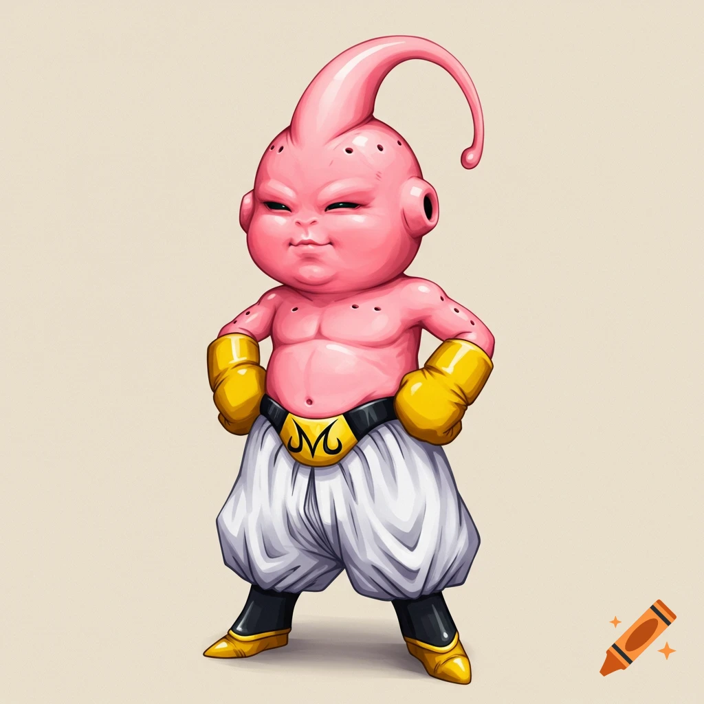 Chubby, pink-skinned Majin Buu from Dragon Ball, with an antenna, wearing white pants and yellow gloves, in an anime-realism style.