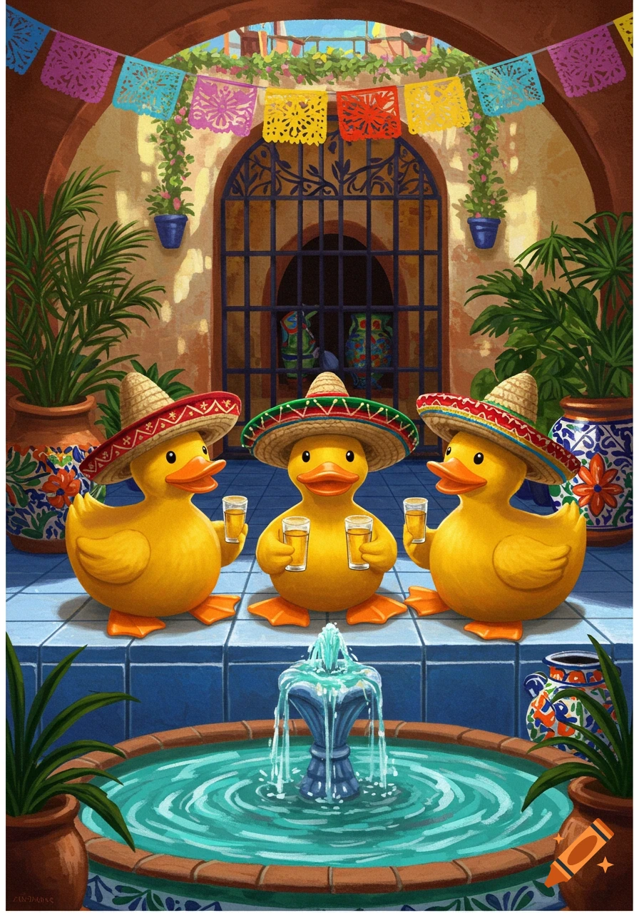 Three cartoon rubber ducks wearing sombreros hold drinks in a vibrant Mexican courtyard with a fountain and colorful banners.
