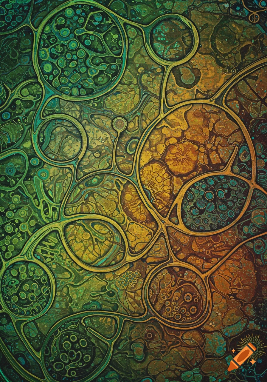 Abstract organic pattern with interconnected green, yellow, and brown cell-like shapes.