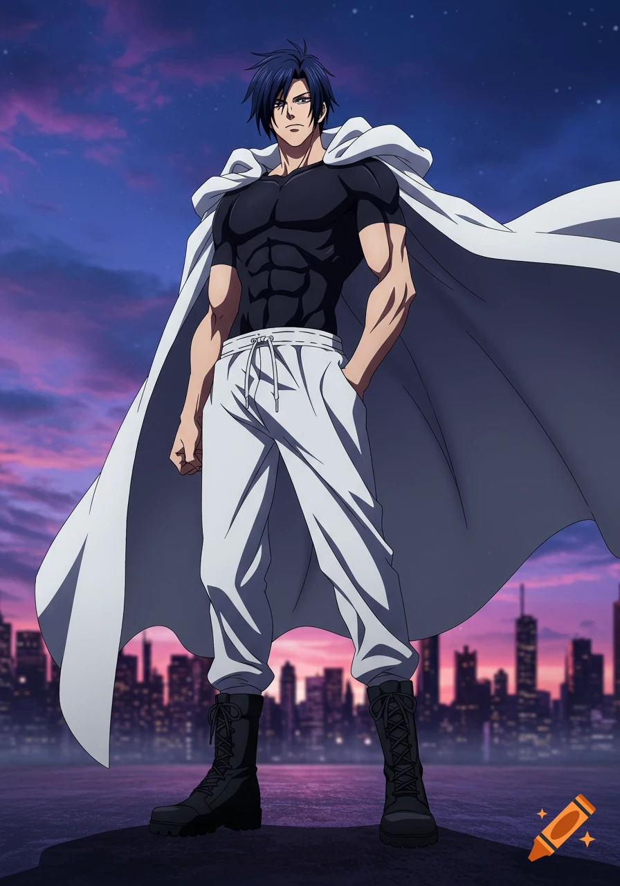 An anime male character with navy blue hair, a white cape, black shirt, and white sweatpants stands before a city skyline at sunset.