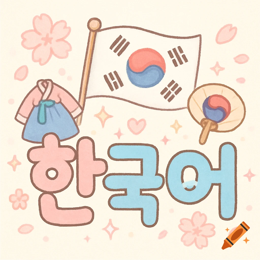 Cute cartoon illustration featuring the Korean flag, a hanbok, a fan, cherry blossoms, and the Korean text '한국어' (Korean language).