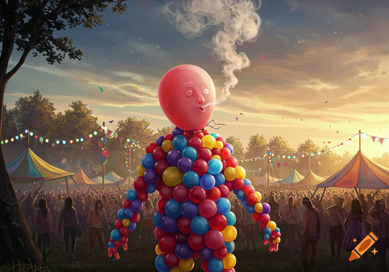 An illustration of a colorful balloon figure with a red balloon head exhaling smoke at a vibrant outdoor music festival.