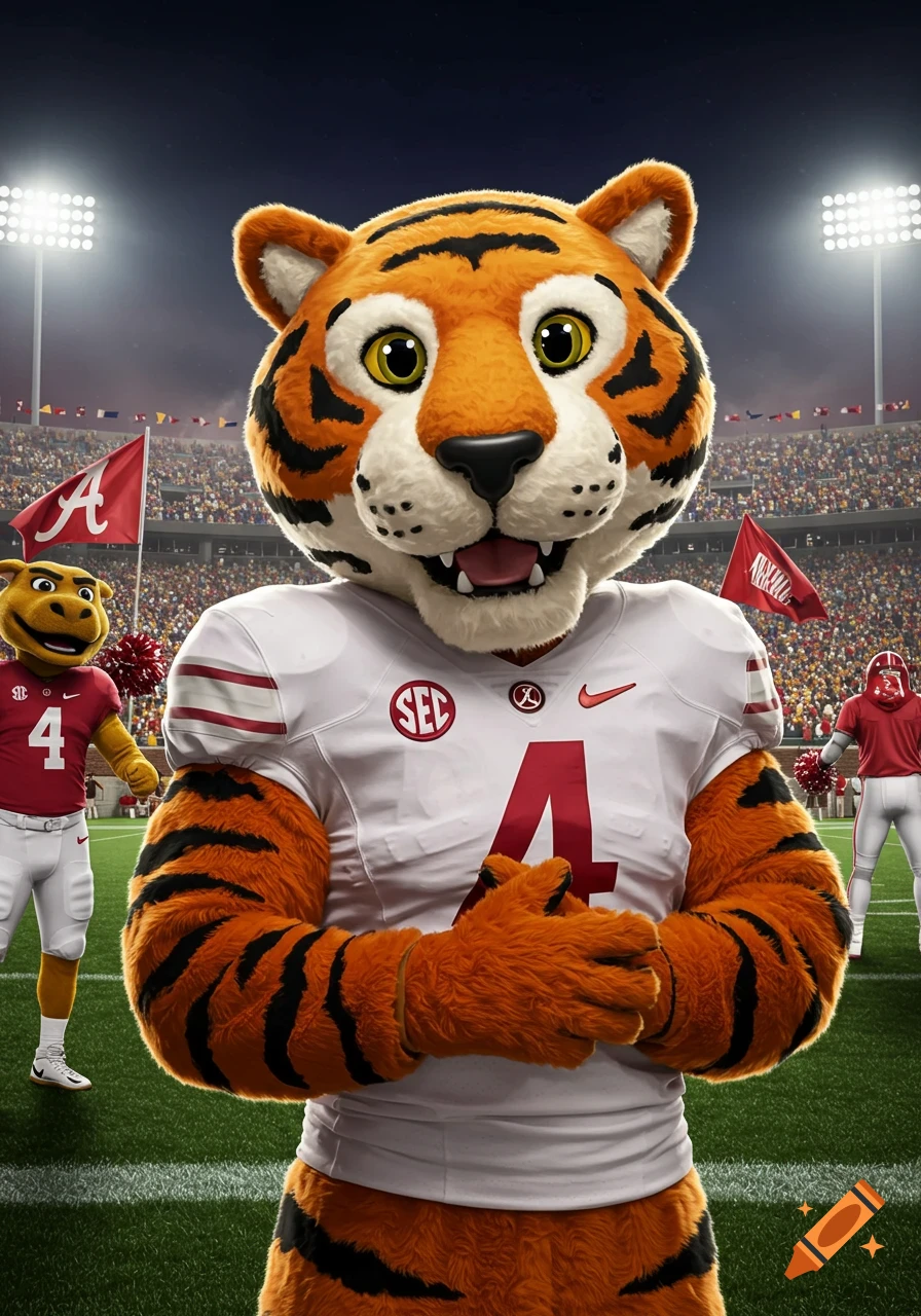 A cheerful cartoon tiger mascot in a white football jersey with a red '4' and 'SEC' logo, standing on a football field in a stadium with a crowd.