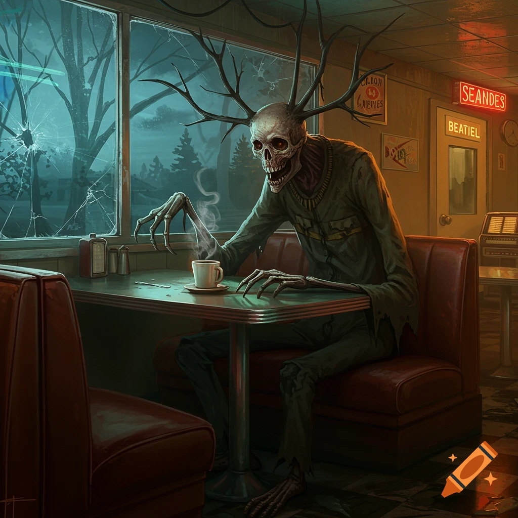 A skeletal creature with deer antlers sips coffee in a dark, broken-windowed diner, dark fantasy art.