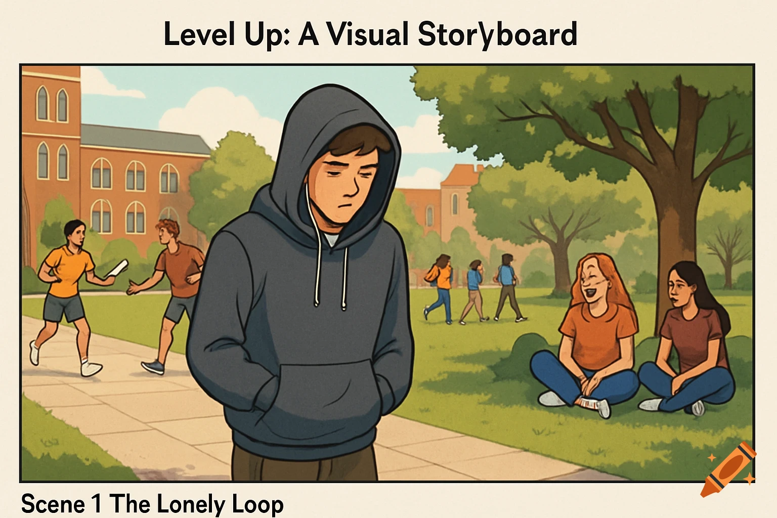 Cartoon illustration of a lonely student in a hoodie walking through a bustling college campus as other students socialize.
