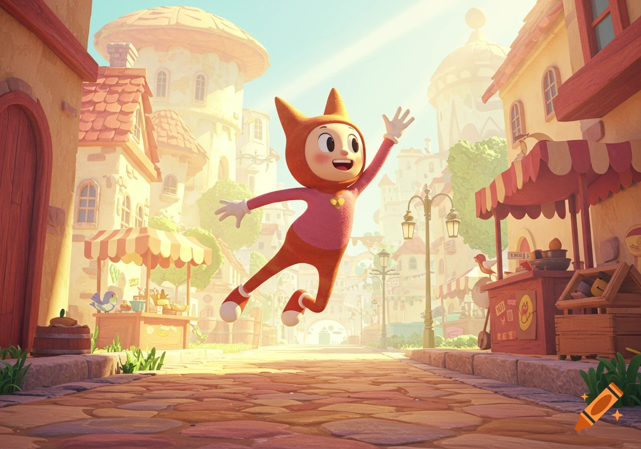 A happy cartoon character in an orange and pink outfit leaps through a sunny, stylized town street with market stalls and whimsical buildings.