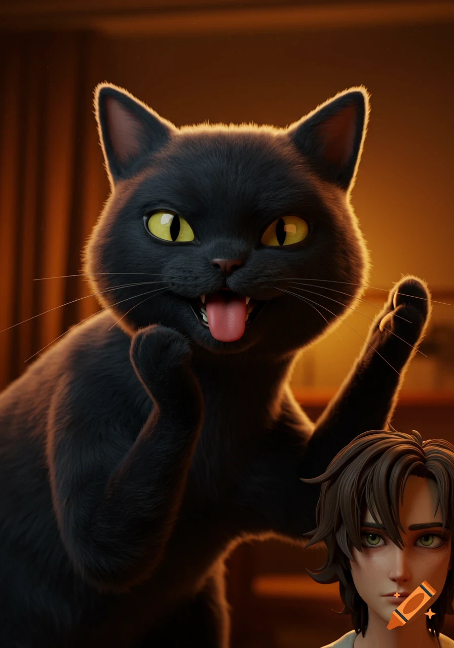 A stylized 3D black cat with yellow eyes and its tongue out, making a playful or irritated expression. A human character is partially visible in the bottom right corner.