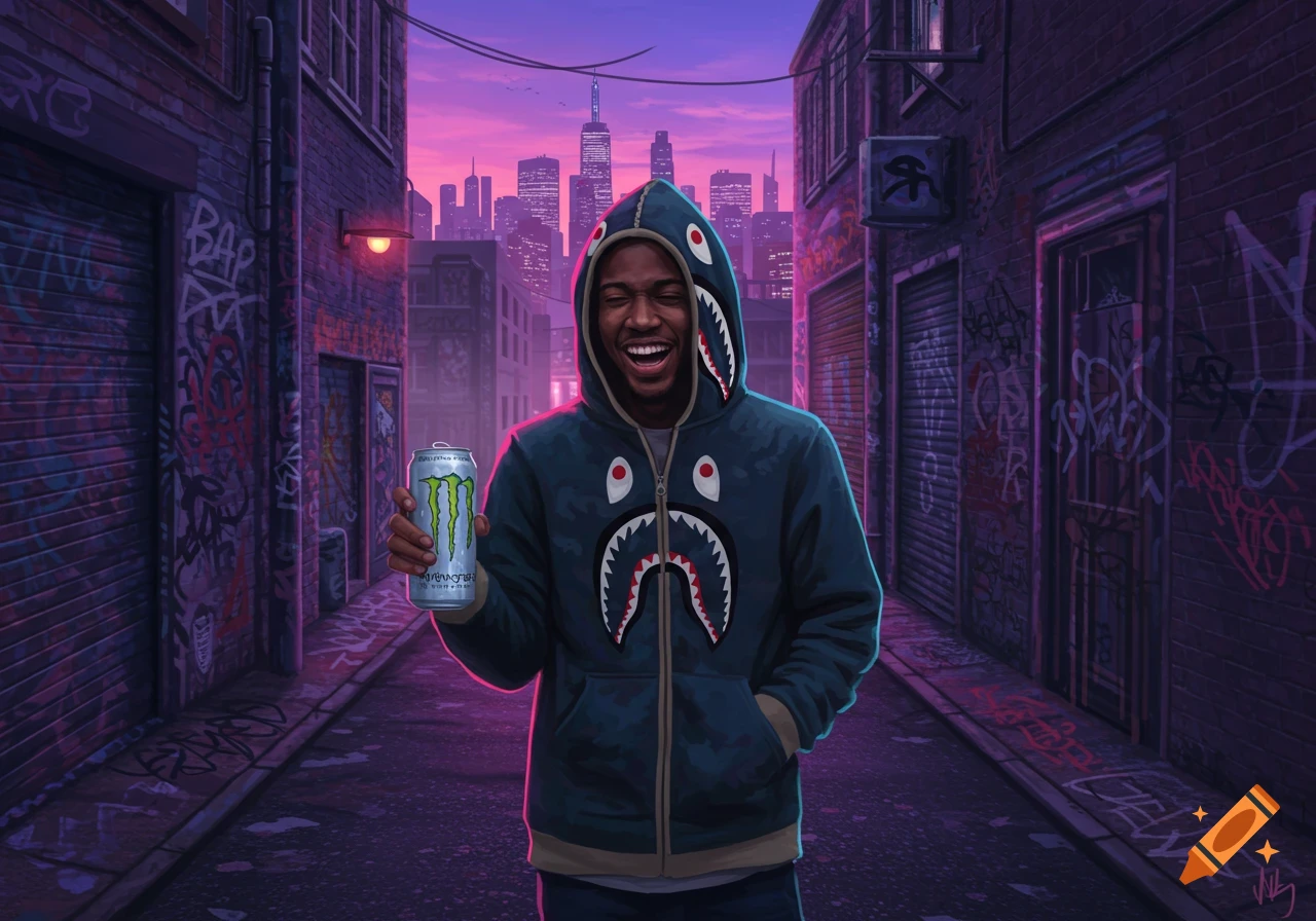 A man in a shark-themed Bape hoodie smiles while holding a Monster energy drink can in a graffiti-covered urban alley at sunset.