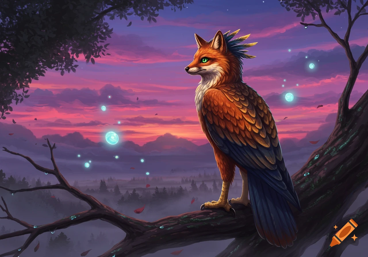 A fox-eagle hybrid creature with green eyes perches on a tree branch, bathed in the vibrant hues of a sunset sky with glowing orbs, digital art.