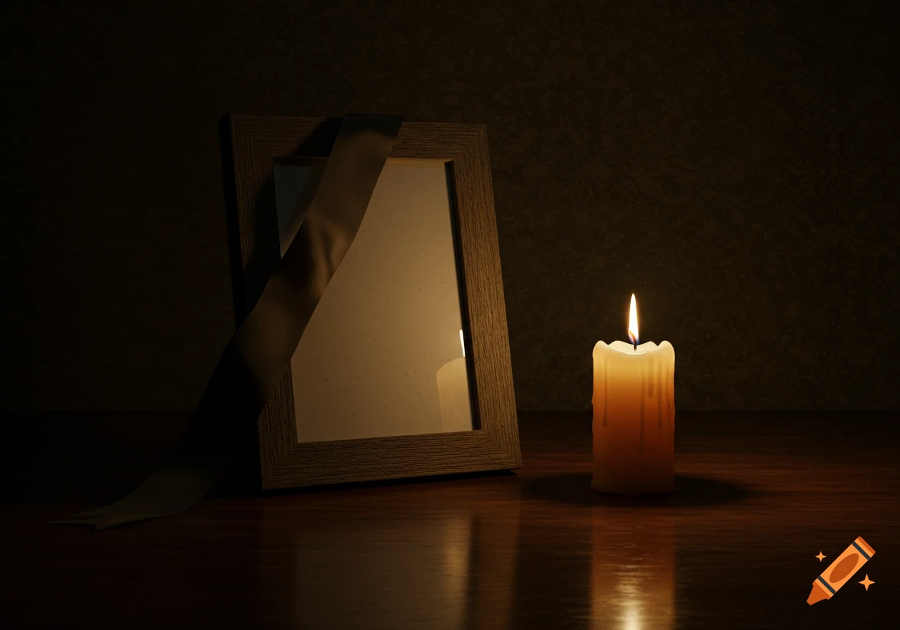 A lit candle next to an empty photo frame draped with a black ribbon, casting light in a dim room.