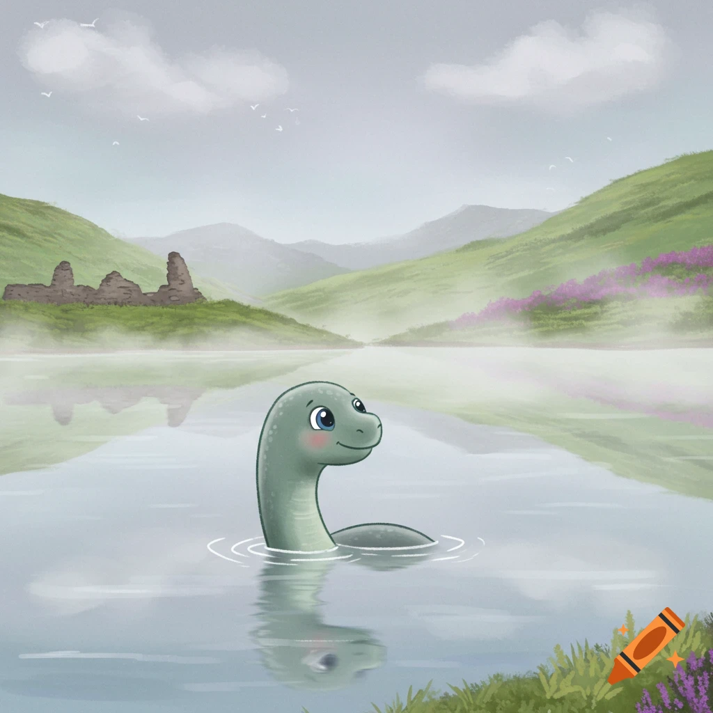 Cute cartoon Loch Ness Monster smiling in a misty lake with green hills and ruins under a cloudy sky.