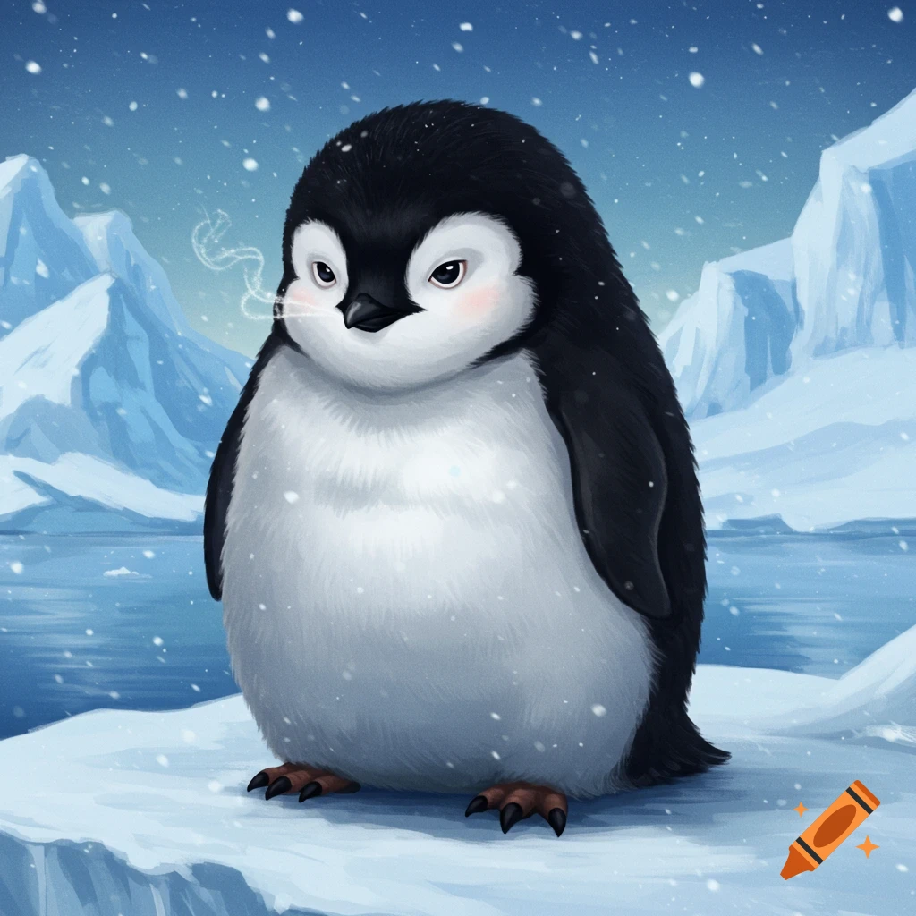 A cute, grumpy baby penguin stands on an ice floe in a snowy, icy landscape. Digital illustration.
