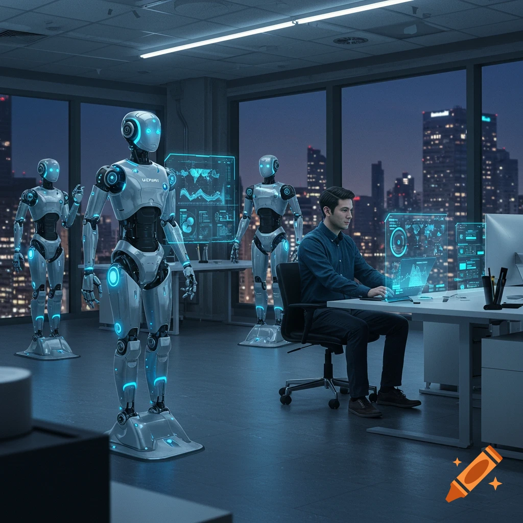 Photorealistic image of a man working on a laptop in a futuristic office at night, with several glowing white robots.