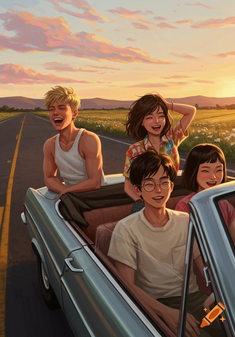 Four young friends laughing in a convertible car on a road trip, against a vibrant sunset sky and a field of wildflowers, in an anime art style.