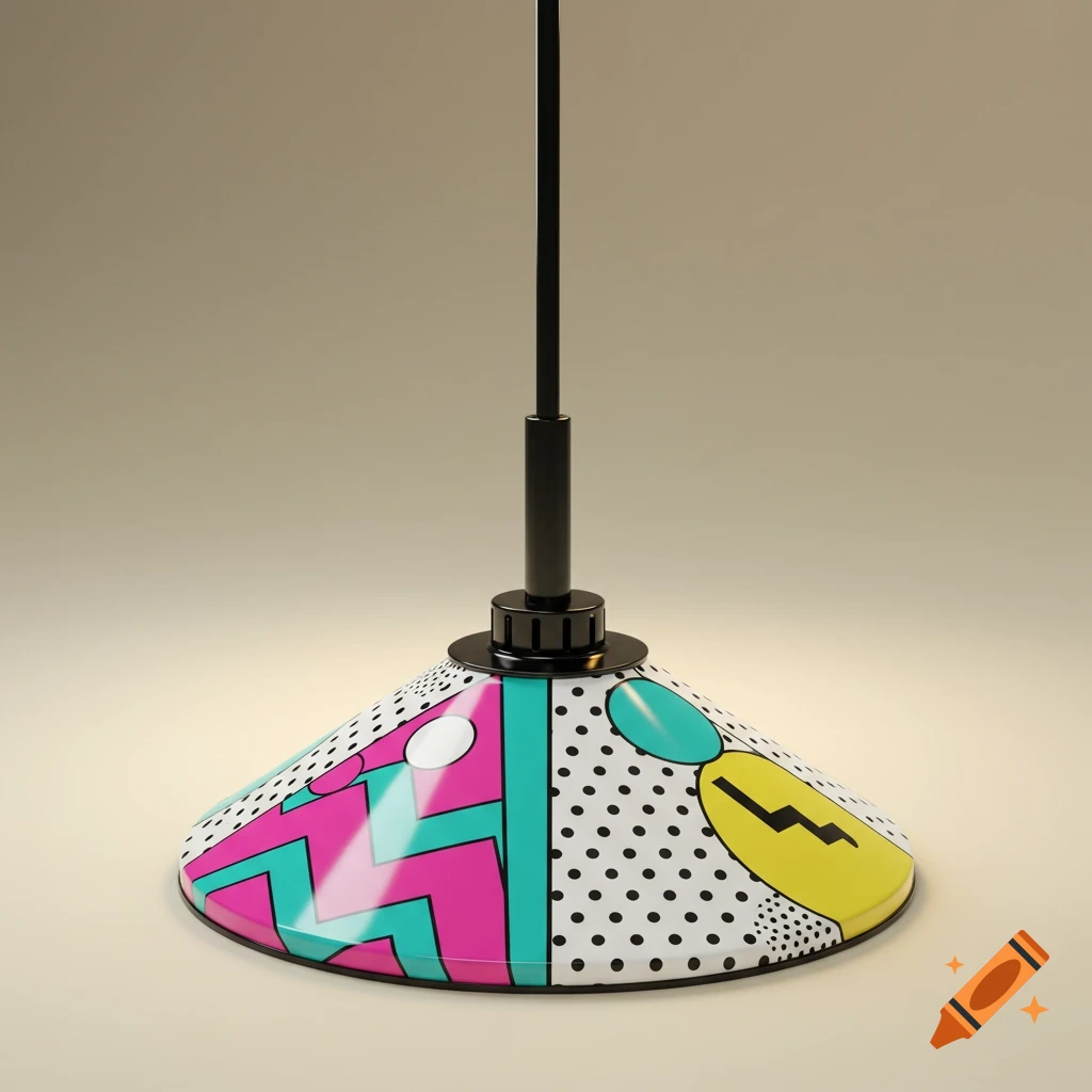 A lamp shade or parasol base with vibrant Memphis design style geometric patterns, polka dots, and a yellow lightning bolt.