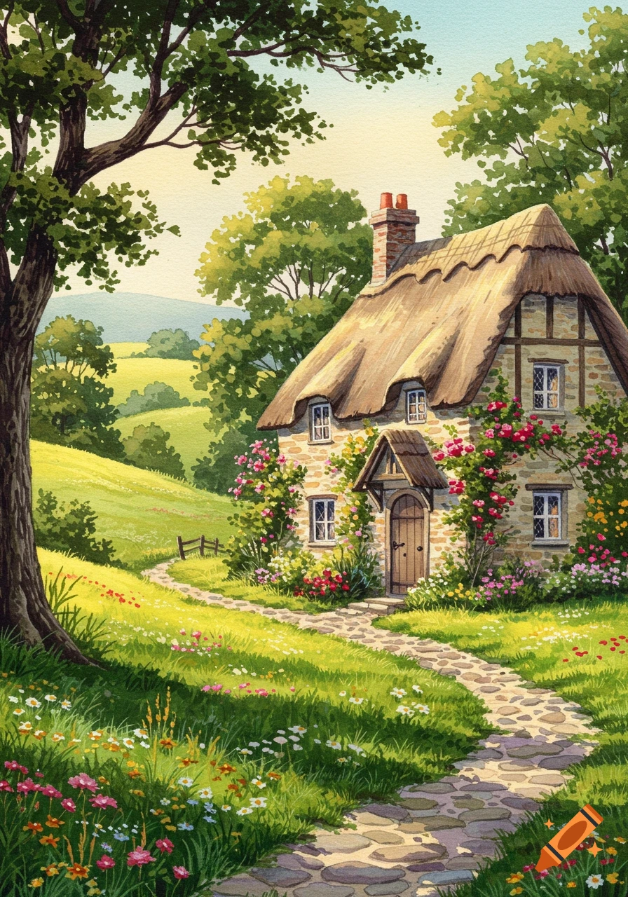 Watercolor painting of a charming stone cottage with a thatched roof, surrounded by colorful flowers and green trees, a stone path leading to the door.
