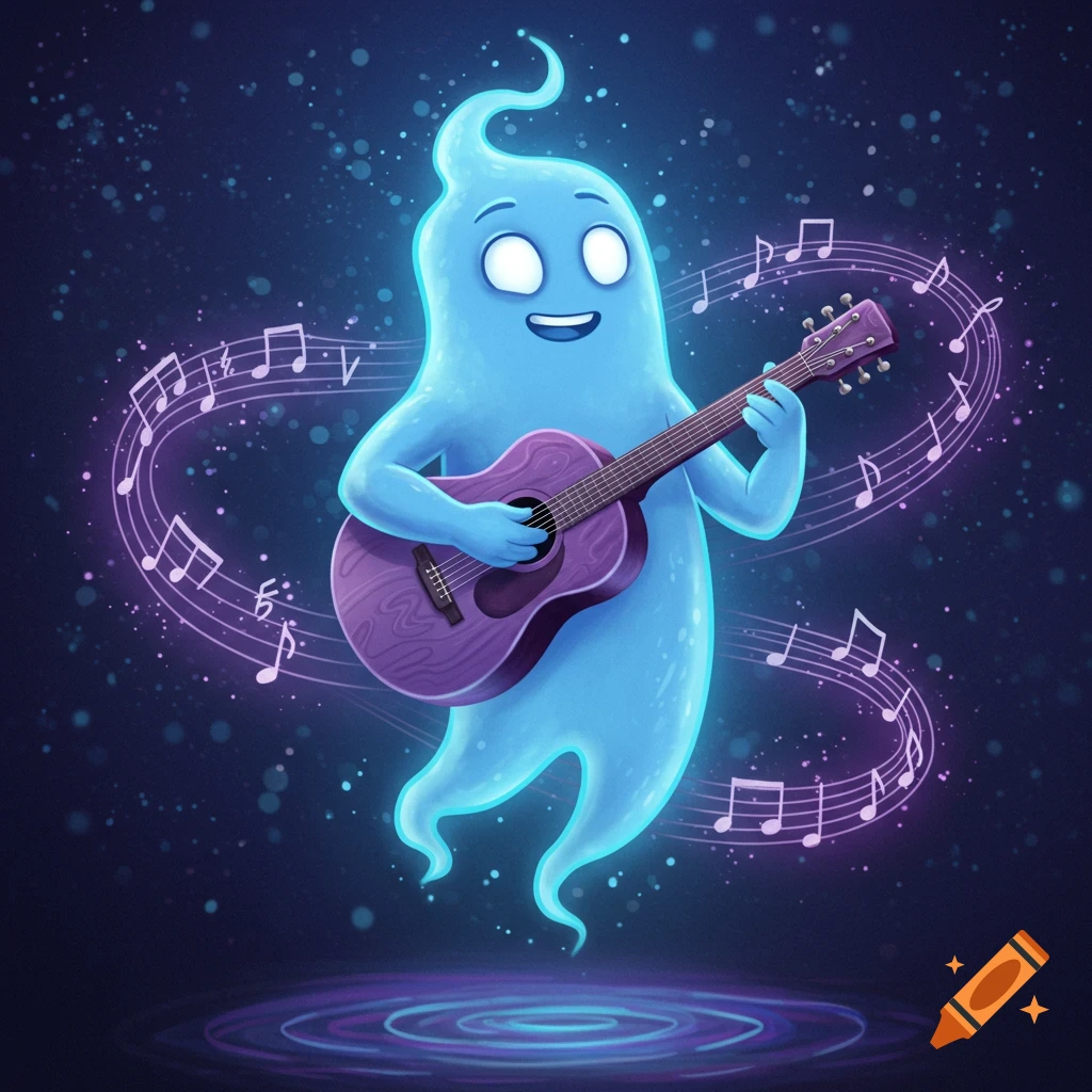 A cute blue cartoon ghost with white eyes plays a purple guitar, surrounded by glowing musical notes.