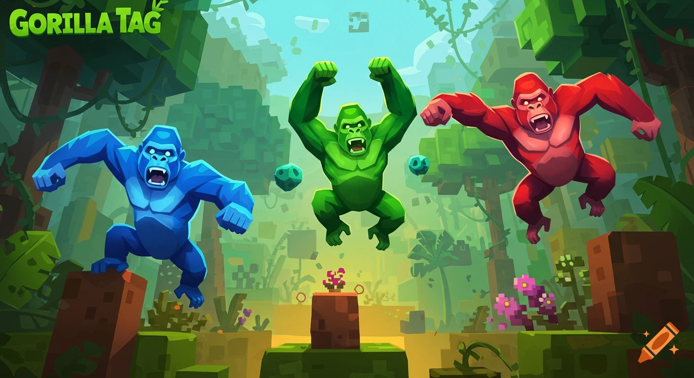 Blue, green, and red cartoon gorillas jump in a blocky jungle with 'GORILLA TAG' text.