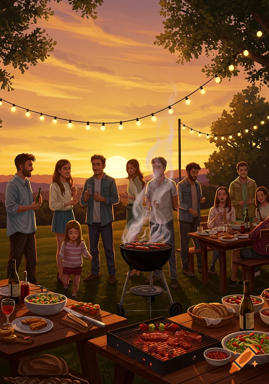 Illustrated scene of friends and family enjoying a sunset barbecue outdoors with food on tables and string lights.