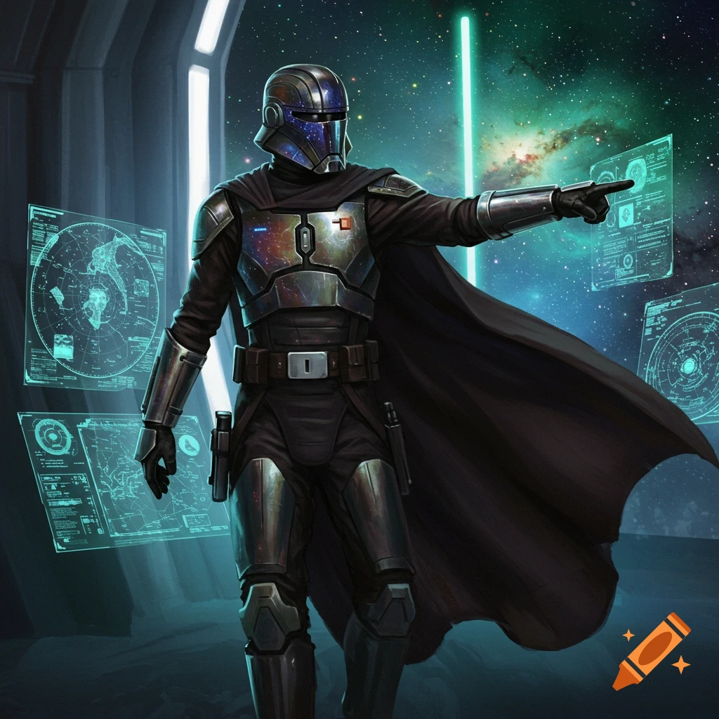 Armored sci-fi warrior in a spaceship points at a holographic screen, with a green lightsaber-like beam and galaxy in the background.