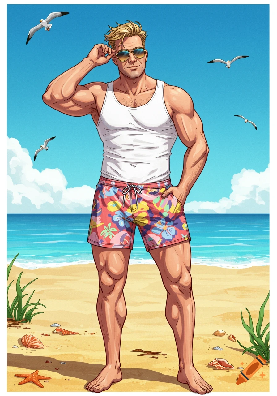 Illustrated muscular man in a white tank top and colorful swim shorts on a sunny beach with seagulls.