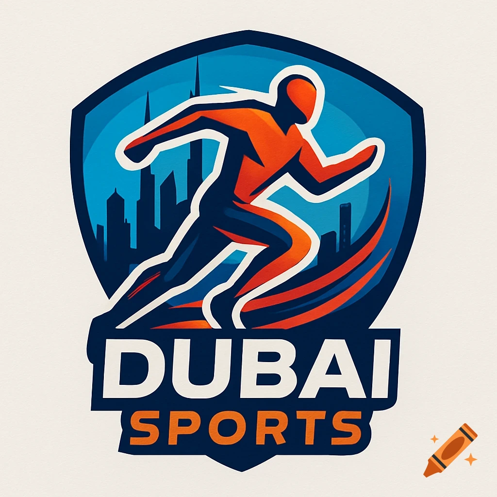 A stylized logo with an orange and blue runner, city skyline background, and 'DUBAI SPORTS' text within a shield.