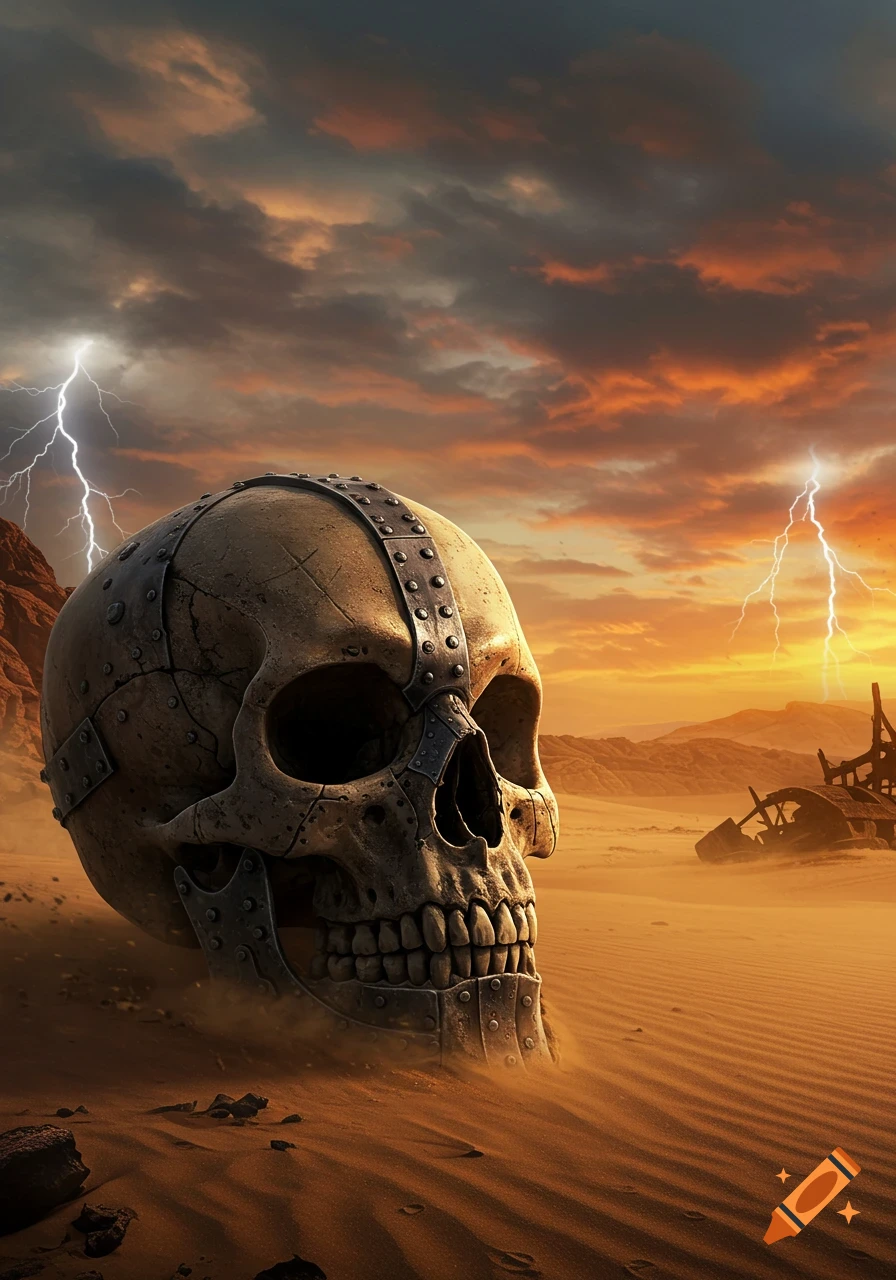 A large, armored skull half-buried in a desert under a dramatic stormy sky with lightning and a sunset.