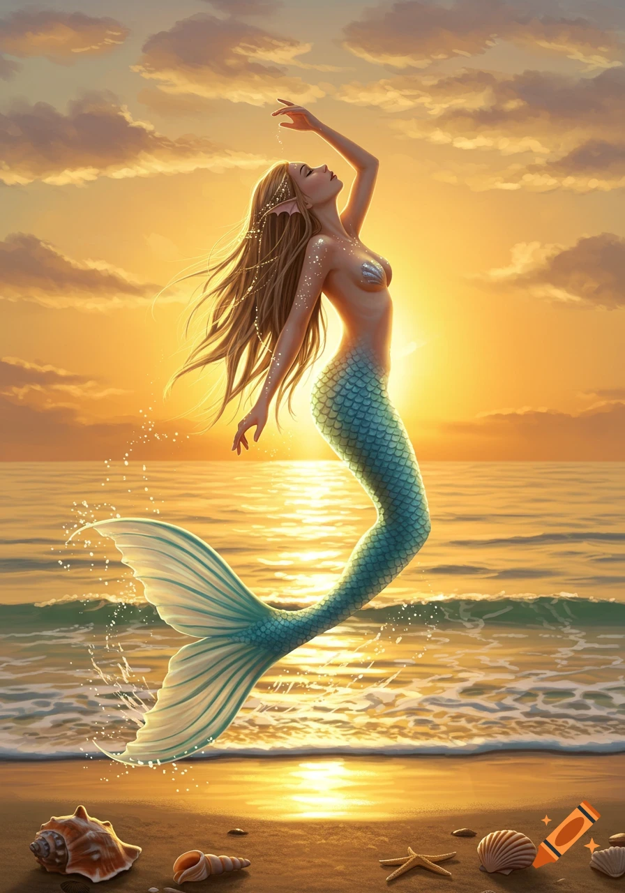 A beautiful mermaid with golden hair and a blue-green tail rises from the ocean against a vibrant sunset.