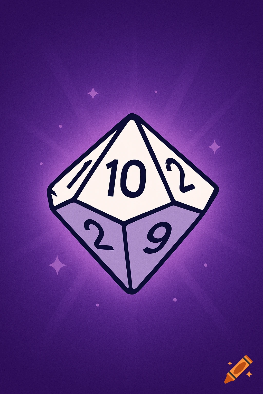 Minimalist illustration of a white 10-sided dice with numbers on a glowing purple background with sparkles.