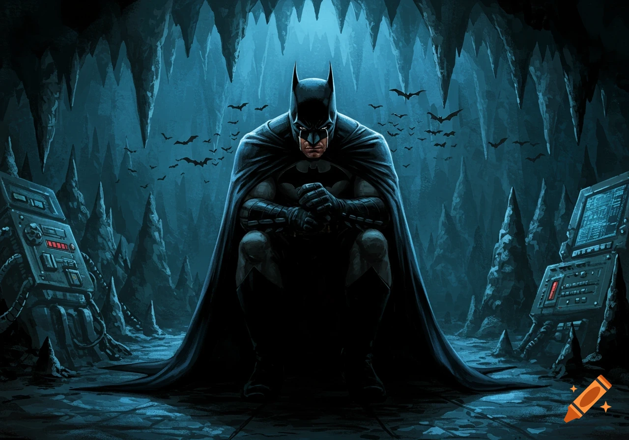 Batman, cloaked in black, crouches mournfully in a blue-lit Batcave with bats flying above and tech consoles on either side, in a comic book art style.