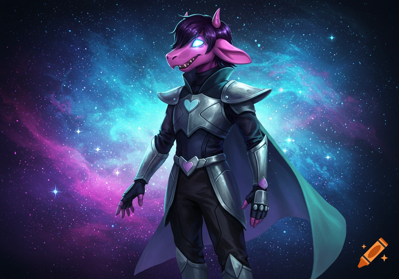 An anthropomorphic purple goat-like character in silver armor and a cape stands against a vibrant blue and purple cosmic nebula.