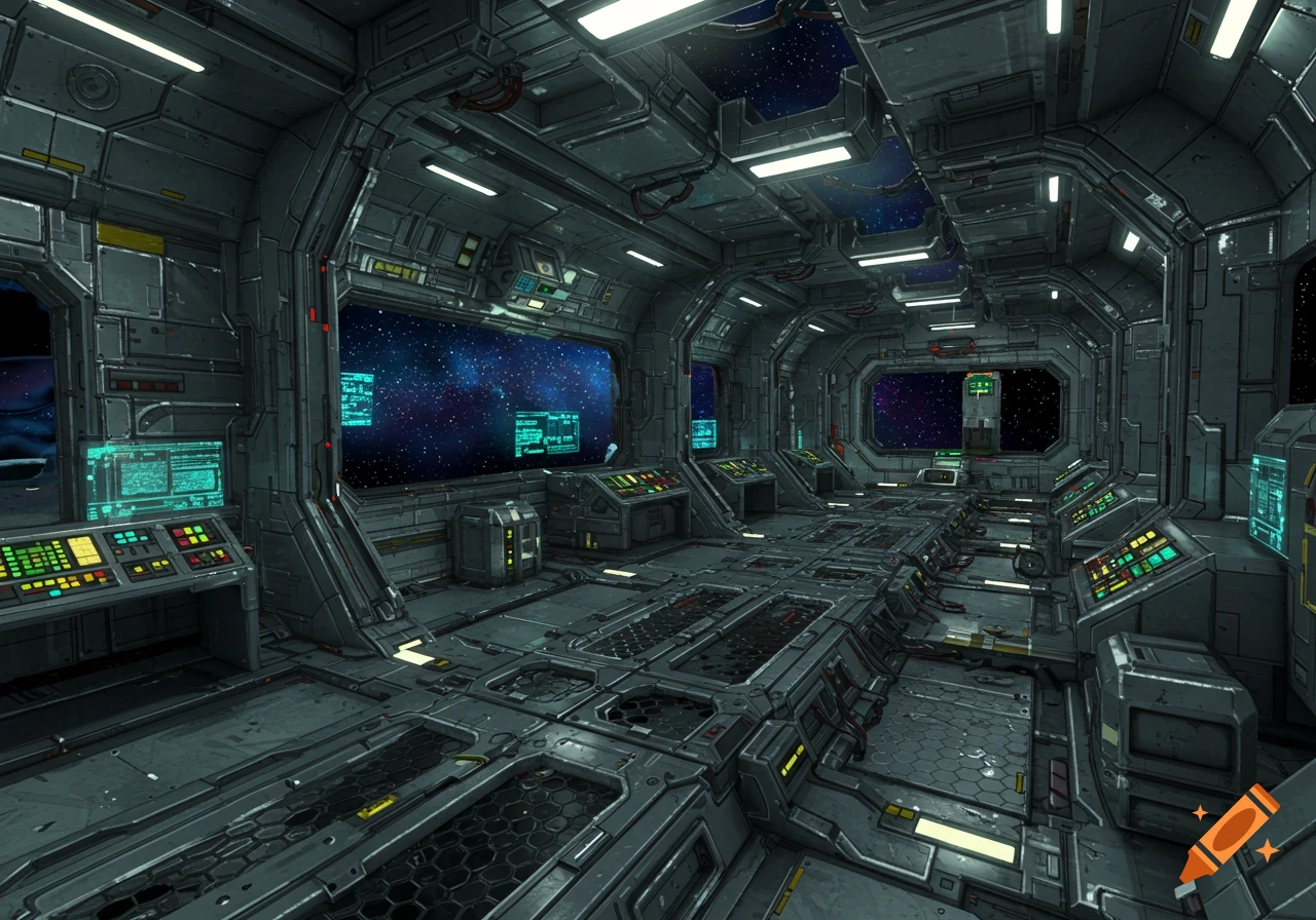 A futuristic metallic space colony interior with numerous control panels and large windows viewing outer space.
