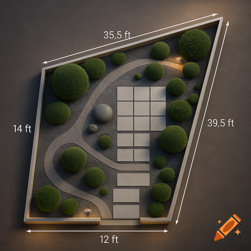 A top-down rendering of a modern garden plot with mossy mounds, paved paths, and decorative stones, annotated with dimensions.