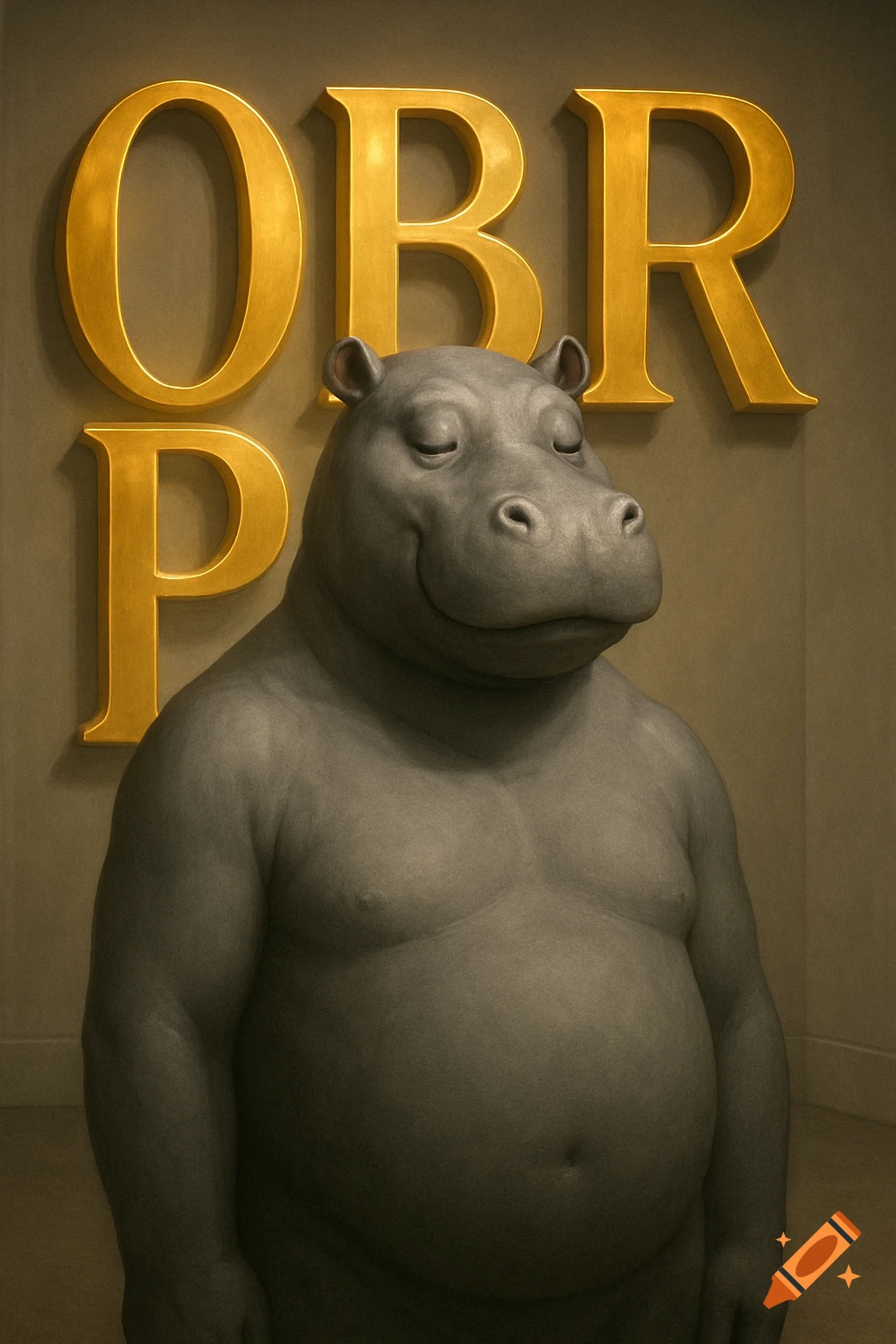 A smiling hippo-human hybrid stands in front of large golden letters 'OBRP' on a muted background.