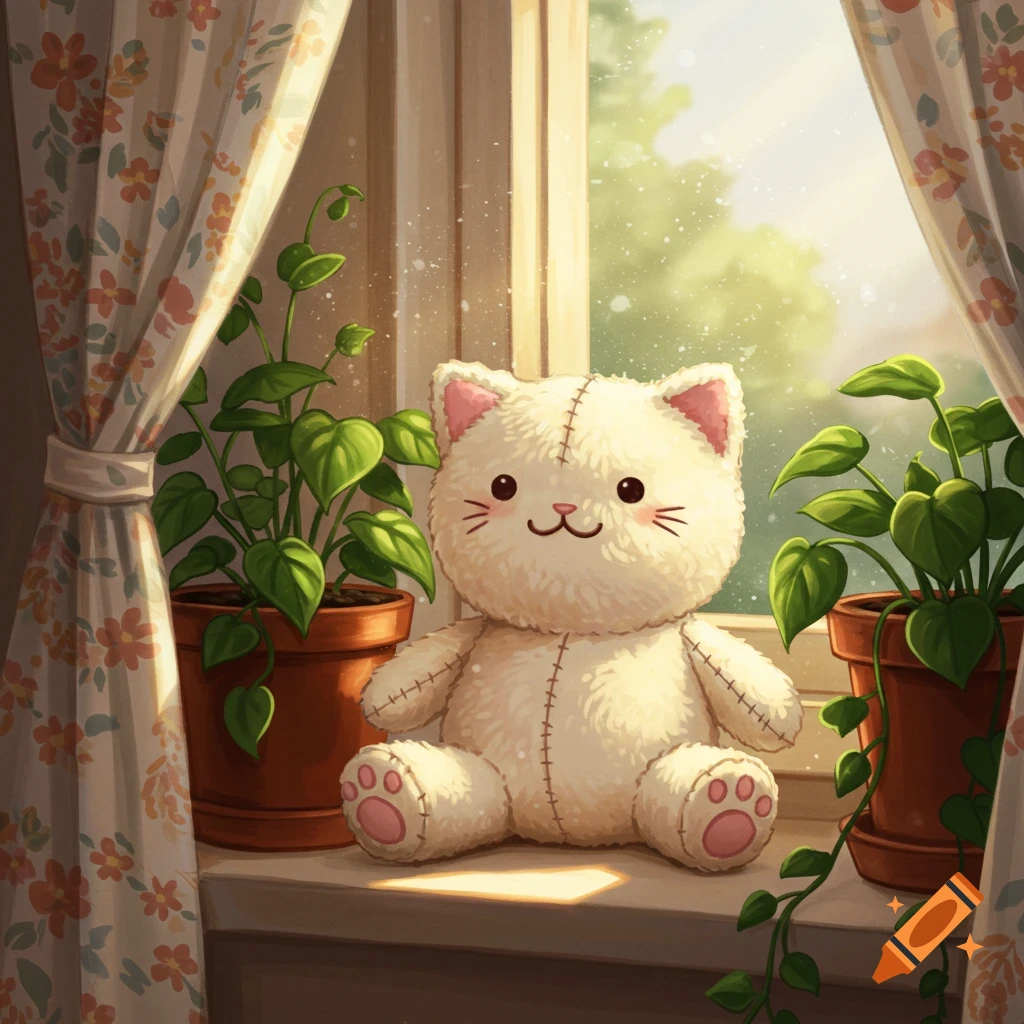 Cute white cat plush toy on a sunny windowsill, flanked by potted plants and floral curtains in an illustration.