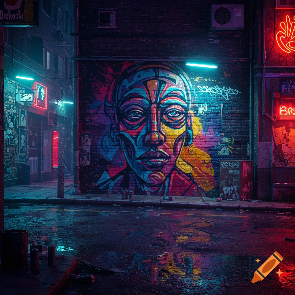 A vibrant street art mural of a stylized face with colorful geometric patterns in a neon-lit, wet alleyway at night.
