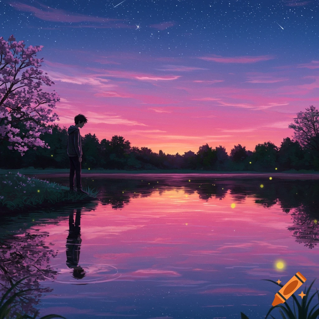 Anime illustration of a solitary person standing by a lake at twilight, reflecting the pink and purple sky, with fireflies and stars.
