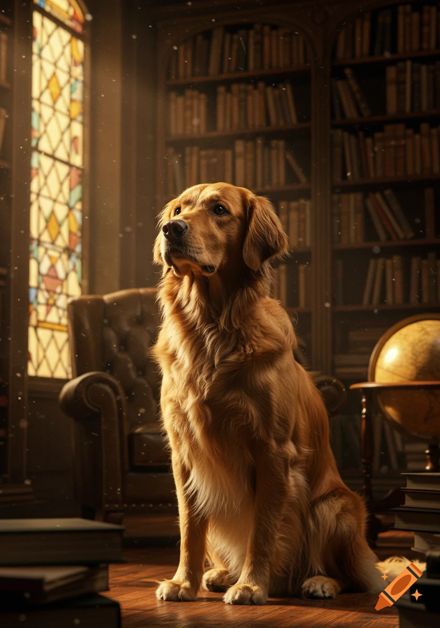 A golden retriever sits on a wooden floor in a grand library with tall bookshelves and a stained-glass window, lit by sunlight.