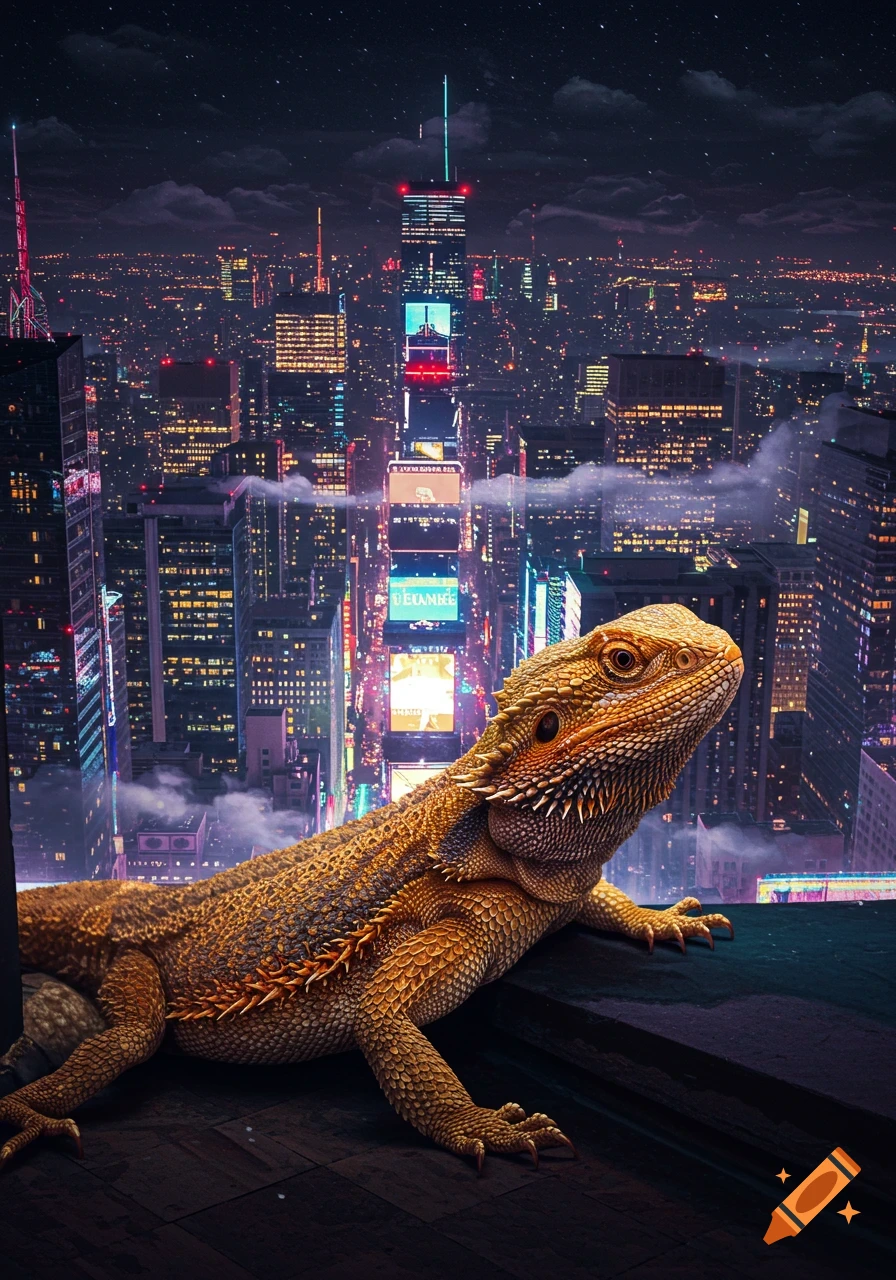 A detailed bearded dragon overlooks a neon-lit city skyline at night, photorealistic.