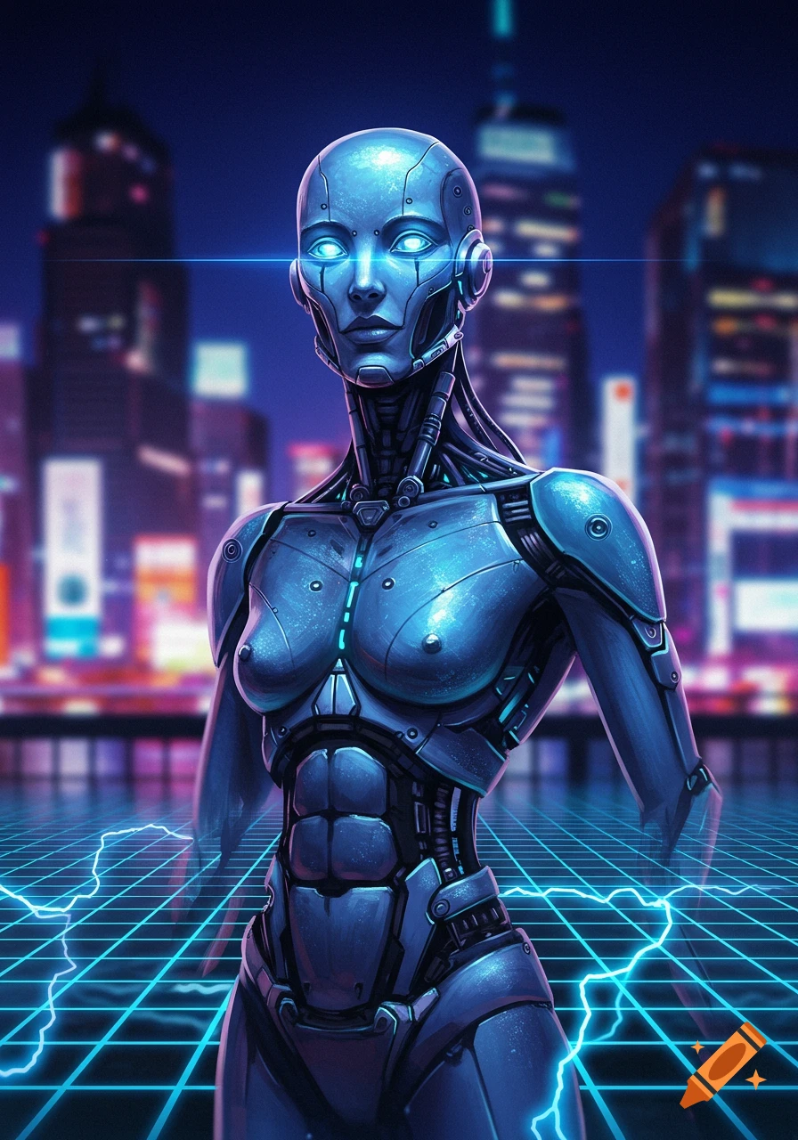 A blue metallic cyborg with glowing eyes stands in a neon-lit futuristic city with a glowing grid.