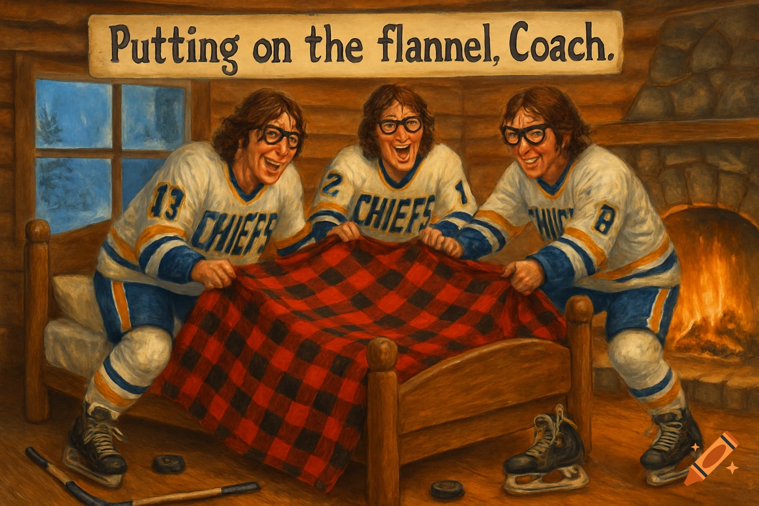 Three men in hockey jerseys put a red and black flannel blanket on a bed in a rustic cabin. A sign above reads 'Putting on the flannel, Coach.' Painting style.