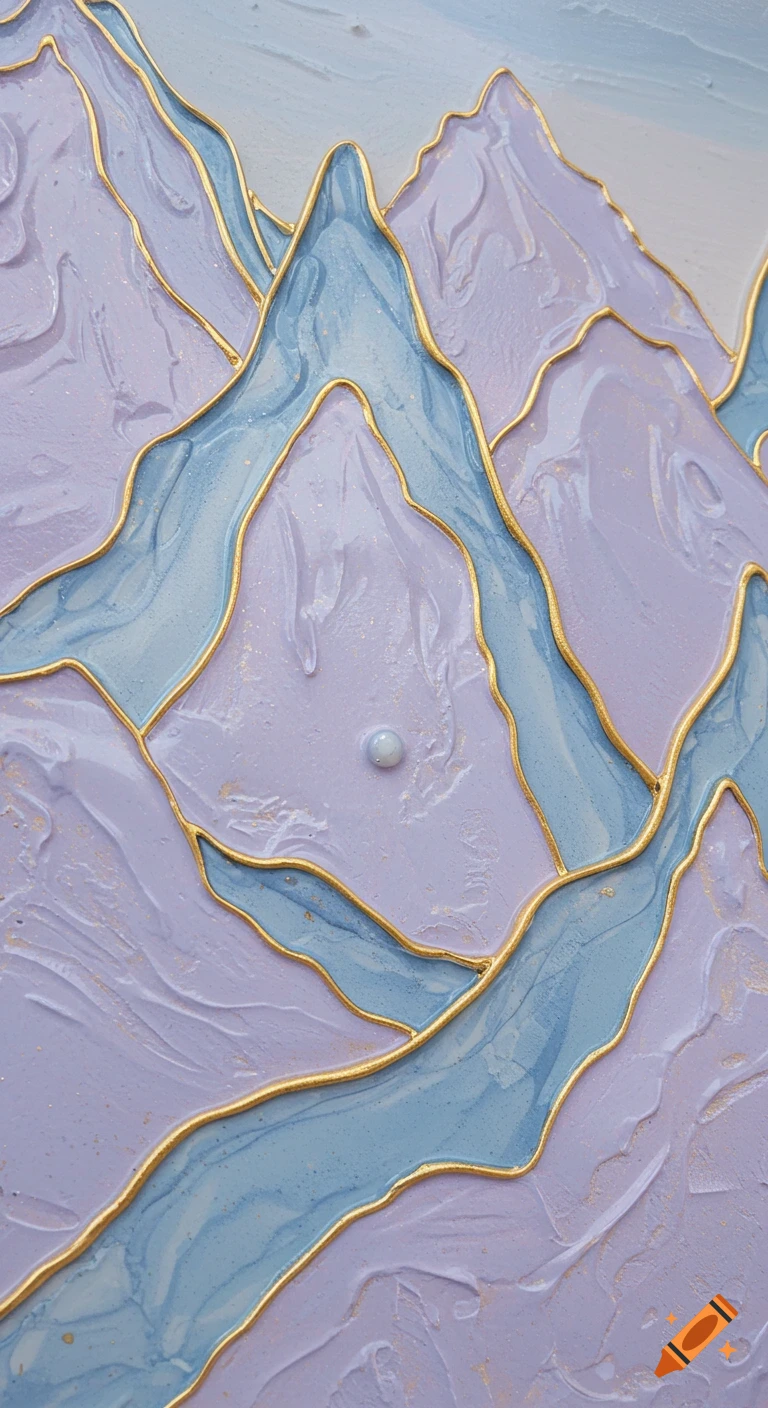Abstract textured art of lavender and pale blue mountains with gold-trimmed rivers in high-relief polymer clay and resin style.