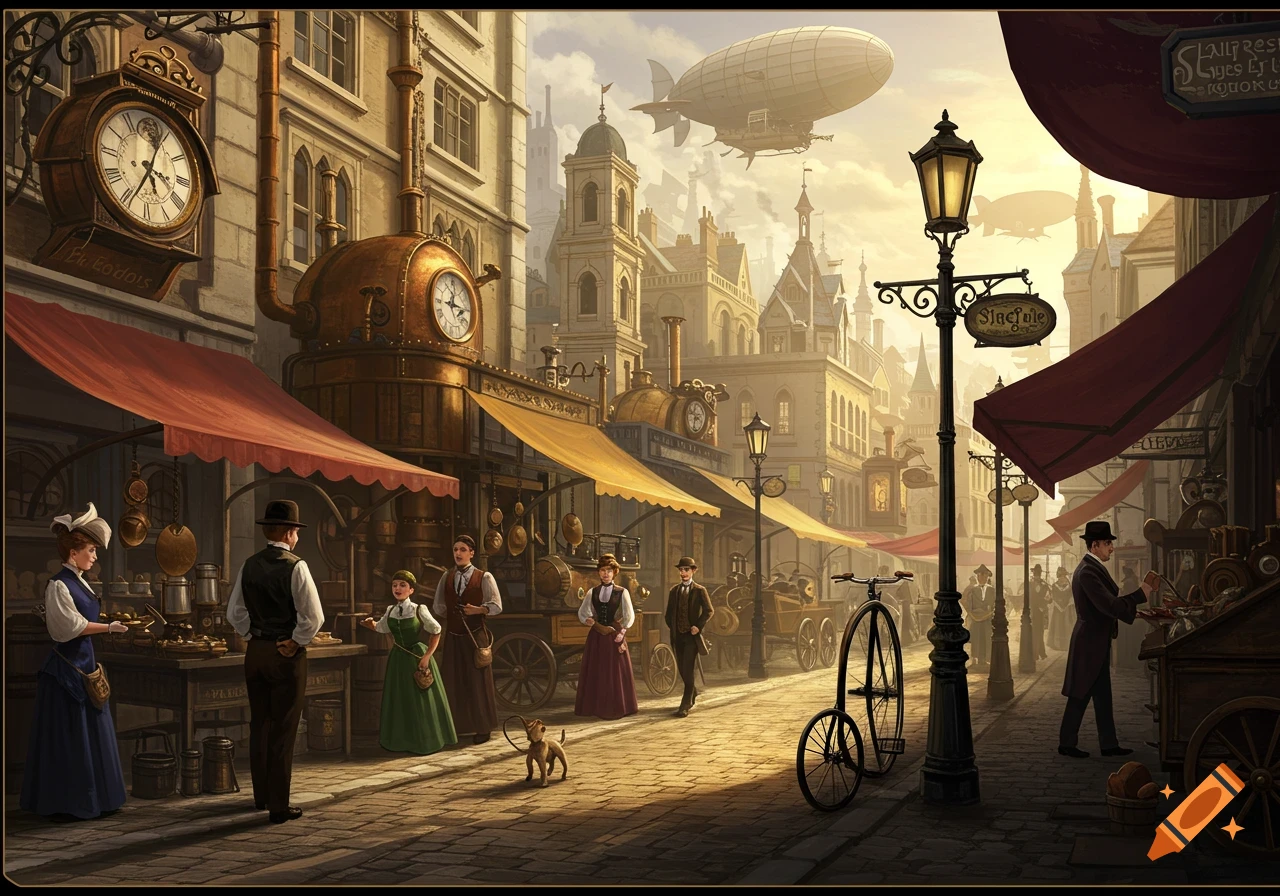 A bustling steampunk Victorian city street market under soft afternoon sunlight. People in period attire and a dog mill about, with airships in the sky.